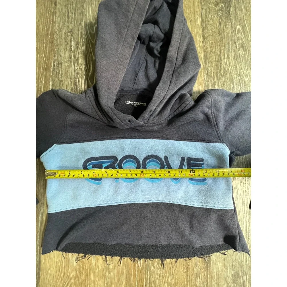 Urban Couture Groove Hoodie Girls XL Gray Blue Good Cropped Raw Hem Graphic